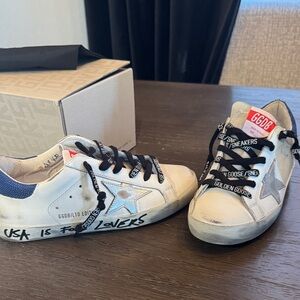 Golden Goose White Leather Sneakers with Silver Star and Navy Heel Tab